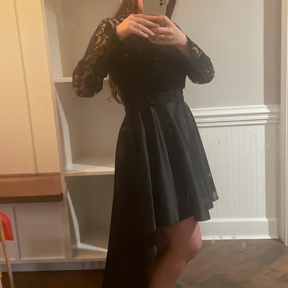 tapered long black floral dress with black belt sewn in size M